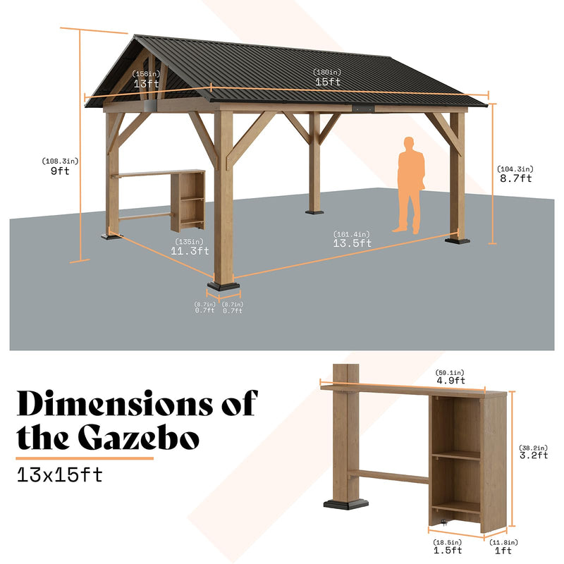 AMERLIFE 13x15 ft Spruce Wood Gazebo, Outdoor Gazebo with Bar Storage, Hardtop Wooden Paviloinwith Metal Steel Gable Roof, Patio, Garage, Black + Natural Wood