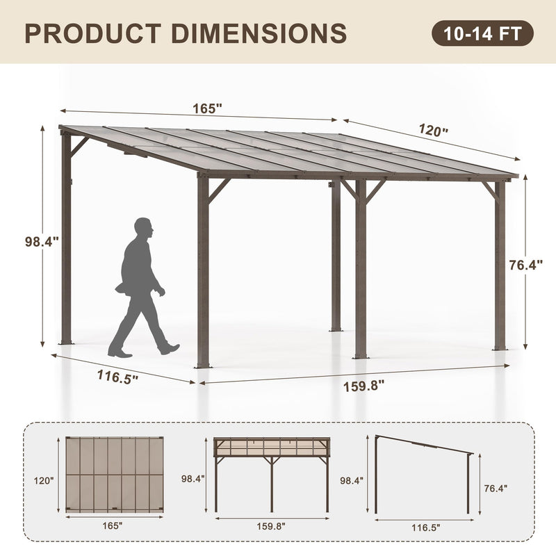 VIWAT 10' x 14' Gazebo, Outdoor Gazebos on Clearance with Aluminum Frame, Wall Mounted Gazebo & Pergola, Lean to Gazebo Awnings for Patio, Decks, Porch and Backyard