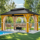 YITAHOME 13X15FT Wood Gazebo Outdoor Wooden Frame Double Roof Hardtop Galvanized Steel Top Canopy w/Curtain and Netting, Patio Heavy Duty Gazebo for Deck, Backyard, Beige Yellow