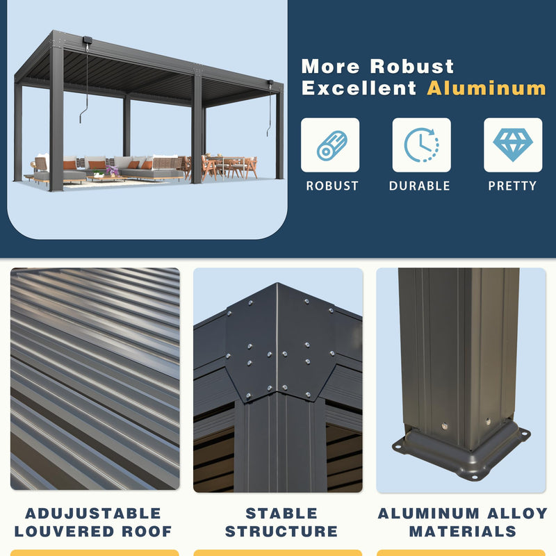 YOLENY 10x20ft Louvered Pergola, Outdoor Pergola with Adjustable Rainproof Roof, Aluminum Gazebo with 6 Panels Pull-Down Screen for Patio, Lawn, Garden, Backyard, Deck, Dark Gray