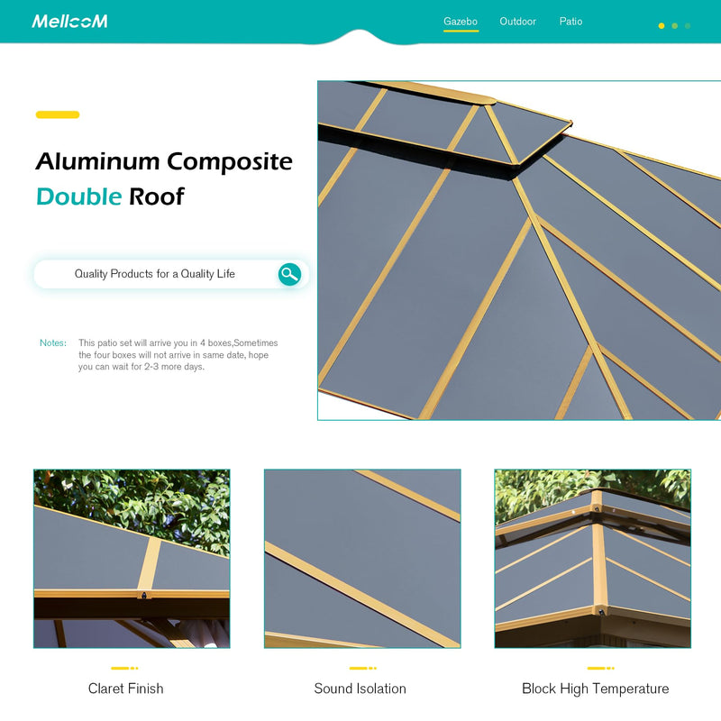 MELLCOM 12x14FT Hardtop Gazebo,Wooden Finish Coated Aluminum Patio Gazebo with Aluminum Composite Double Roof for Patio Lawn and Garden, Curtains and Netting Included