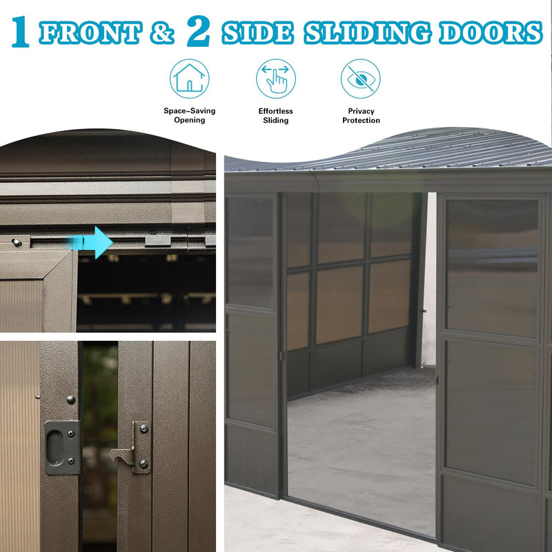 Domi 12x16FT Wall-Mounted Sunroom Gazebo, Aluminum Solarium with Galvanized Steel Sloping Roof, Detachable PC Screens, Front & 2 Side Sliding Doors, Outdoor Sun Room Lean to Gazebo for Patio Deck Lawn