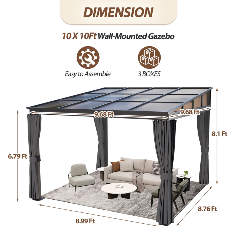 Raysfung 10' x 10' Wall Mounted Gazebo, Lean to Gazebo with Aluminum Frame, Polycarbonate Hardtop Gazebos Pergola with Sloping Roof for Outdoor, Backyard, Patio