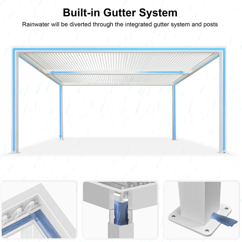 PURPLE LEAF Louvered Pergola 12' x 16' Outdoor White Aluminum Pergola with Fixed Shutter Wall Adjustable Roof Gazebo for Patio Backyard, 1 Long Side and 1 Short Side