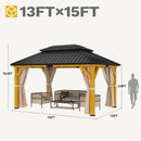 DWVO 13X15FT Gazebo Wood Outdoor Wooden Frame Double Roof Hardtop Galvanized Steel Top Canopy w/Curtain and Netting, Patio Heavy Duty for Deck, Backyard, Beige Yellow