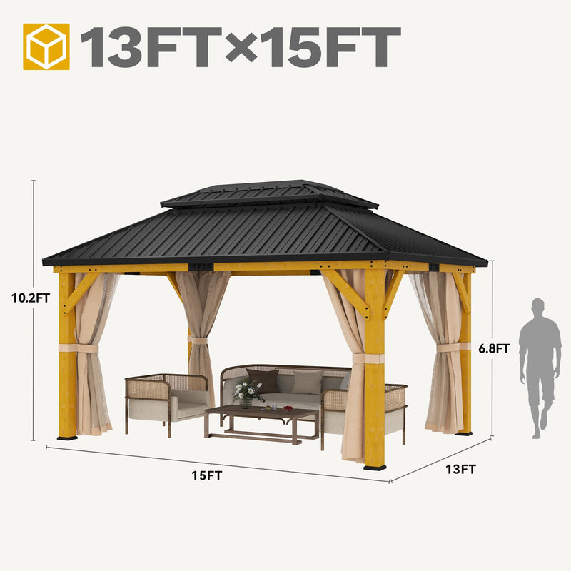 DWVO 13X15FT Gazebo Wood Outdoor Wooden Frame Double Roof Hardtop Galvanized Steel Top Canopy w/Curtain and Netting, Patio Heavy Duty for Deck, Backyard, Beige Yellow