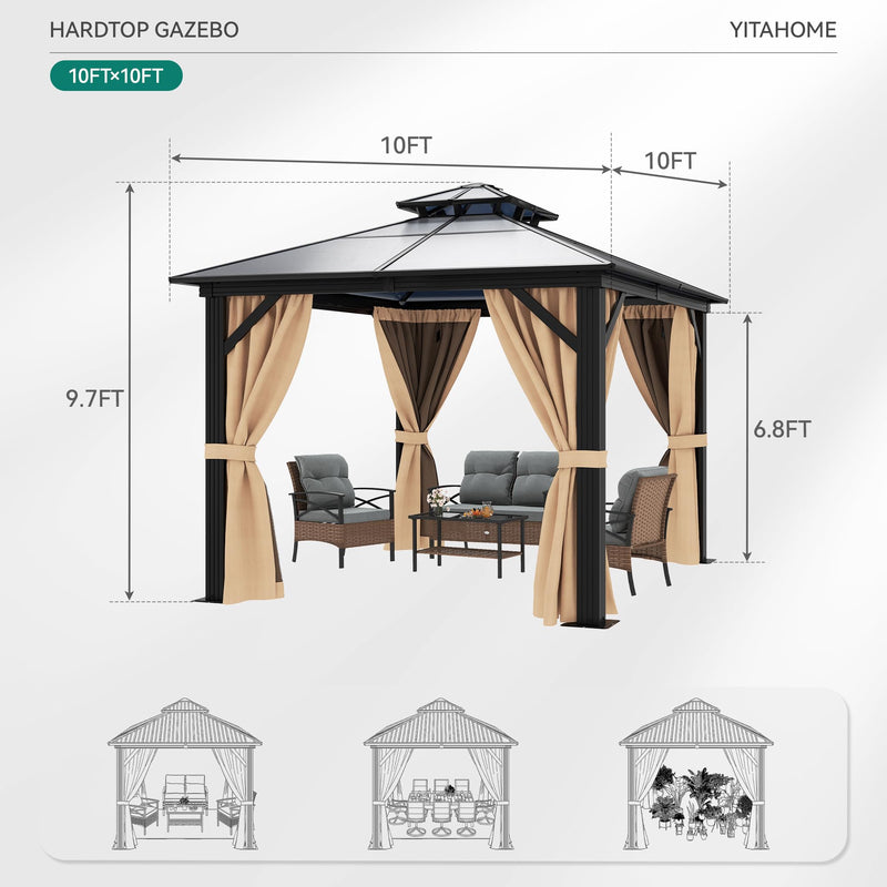 YITAHOME 10X10FT Hardtop Gazebo Outdoor Polycarbonate Patio Double Top Canopy Galvanized Iron Aluminum Column Garden Tent Curtains Netting for Backyards Decks Lawns,Brown