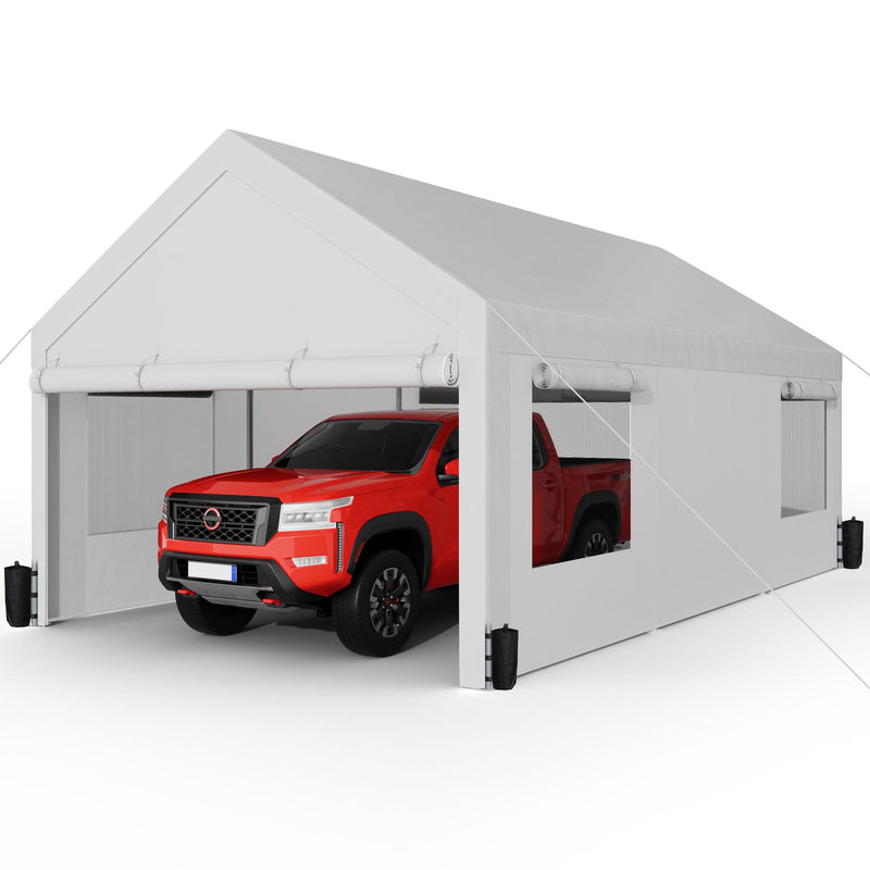 Shintenchi Carport 12' x 20' Heavy Duty Portable Garage, Car Port Canopy with Side-Opening Removable Door & Roll-Up Windows, Car Canopy for Truck,Car,Boat,Motorcycle,White
