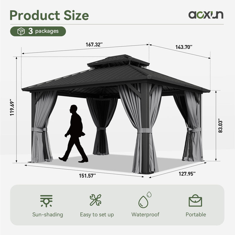 Aoxun 12'x14' Hardtop Gazebo, Aluminum Frame Canopy with Double Galvanized Steel Roof, Outdoor Metal Pavilion with Netting, Curtains for Backyard, Patio and Deck