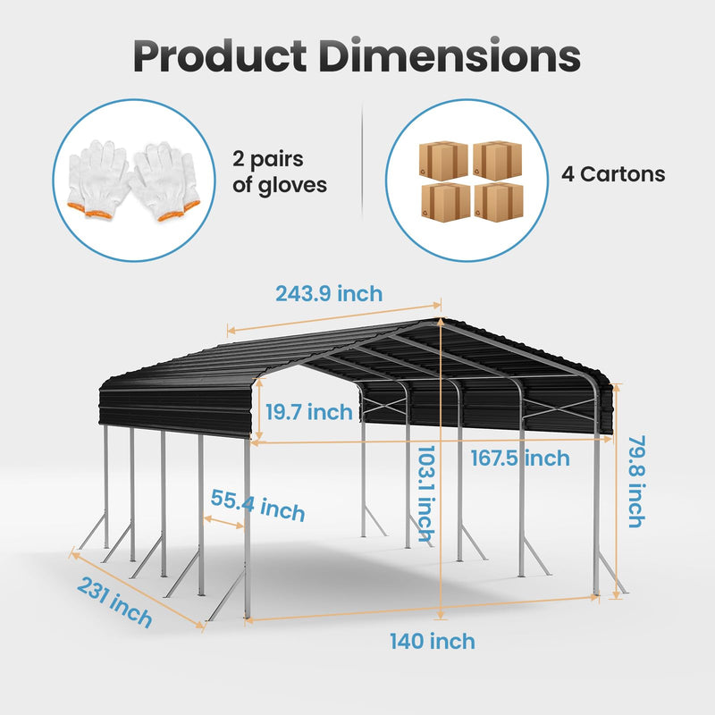 Heavy Duty Metal Carport, Reinforced Frame and Roof for All-Weather, Outdoor Galvanized Car Port with Enhanced Base for Car, Boats (Gray, 12x20 FT)