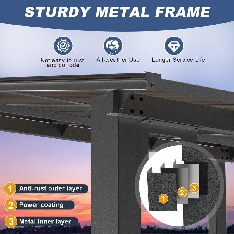 MEISSALIVVE 10' x 14' Pergola with Sloped Roof, Lean to Metal Awning for Outdoor Patio, Deck, Black