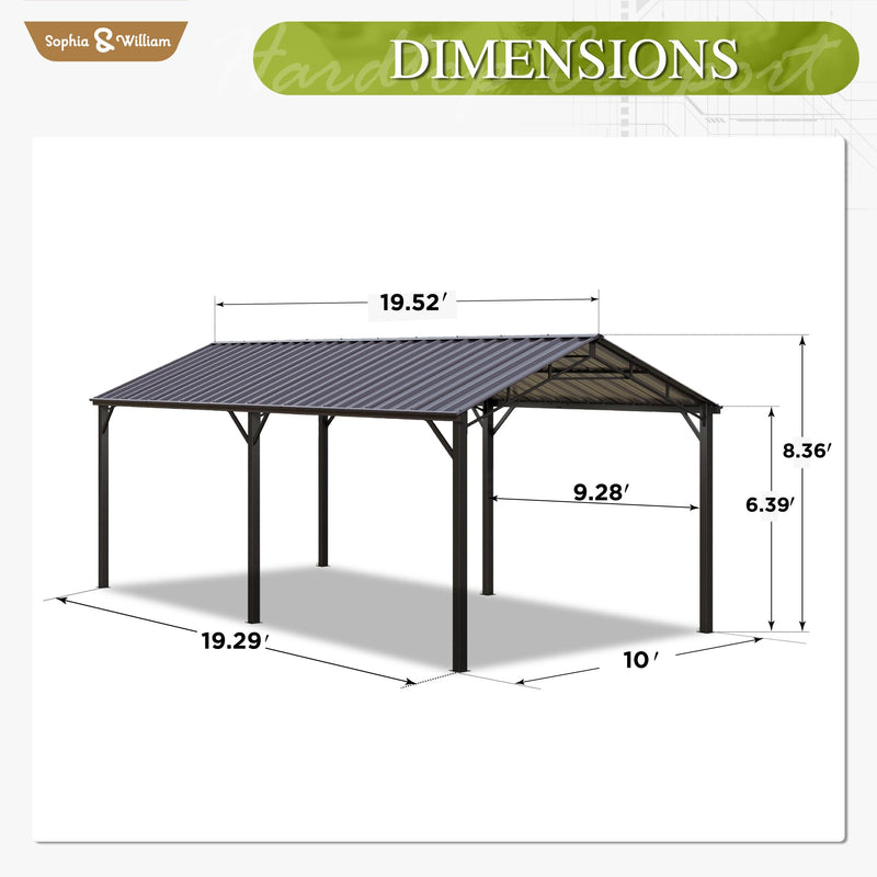Sophia & William Carport Car Port Metal Canopy 10x20 ft Heavy Duty for Snow, Portable Garage Kit Shed Tent Shelter Metal Frame All Weather Outdoor for Boat with Anti-Leak Seam Taped, Dark Grey