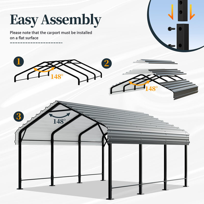 SUNLEI 12X15 FT Carport, Heavy Duty Carport Canopy with Galvanized Steel Roof and Frame, Metal Carport Upgraded Extra Large Garage for Pickup, Boat, Car and Tractors