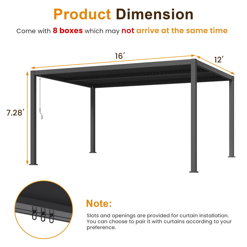 Louvered Pergola 12'x 16' with Curtains & Netting, Metal Outdoor Pergola with Adjustable Louvers Roof and Gutter System, Metal Hardtop Gazebo for Patio, Deck, Garden, Yard, Dark Gray