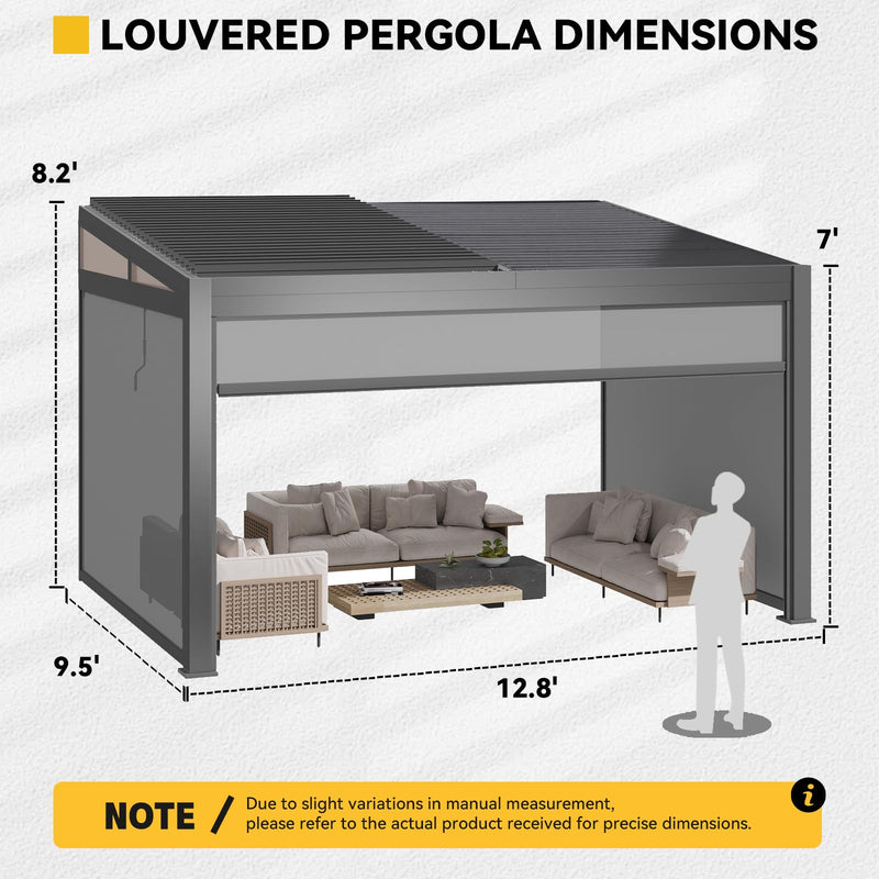 MELLCOM Louvered Pergola with Screen 10x13, Wall-Mounted Adjustable Pergola, Lean to Aluminum Gazebo with 3 Pull-Down Screen Sides and Adjustable Roof for Backyard, Dark Gray
