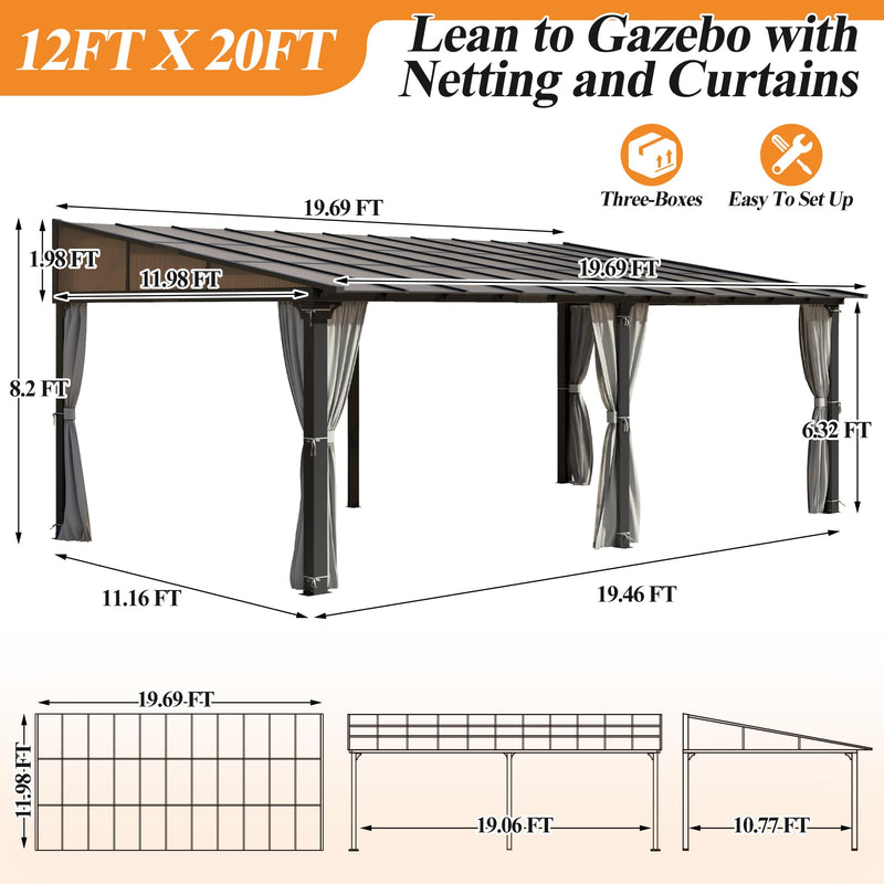 GARTOO 12’ x 20’ Gazebo for Patio - Aluminum Lean to Gazebos Pergola with Sloping Roof, Outdoor Wall-Mounted Canopy Awnings to House for Patio, Garden, Lawn, Backyard Deck