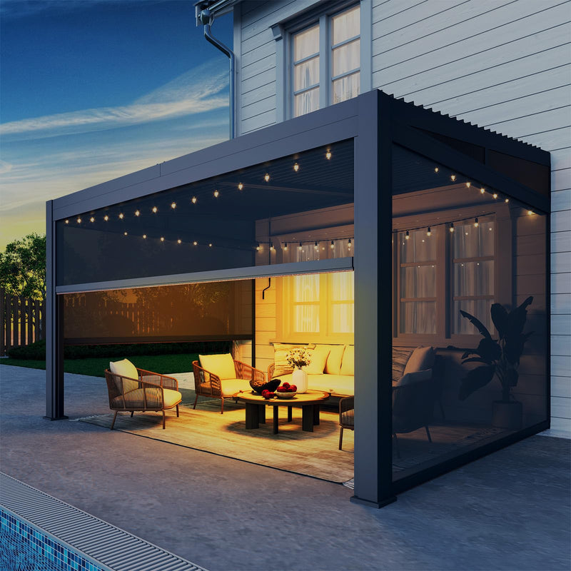 MELLCOM Louvered Pergola with Screen 10x13, Wall-Mounted Adjustable Pergola, Lean to Aluminum Gazebo with 3 Pull-Down Screen Sides and Adjustable Roof for Backyard, Dark Gray
