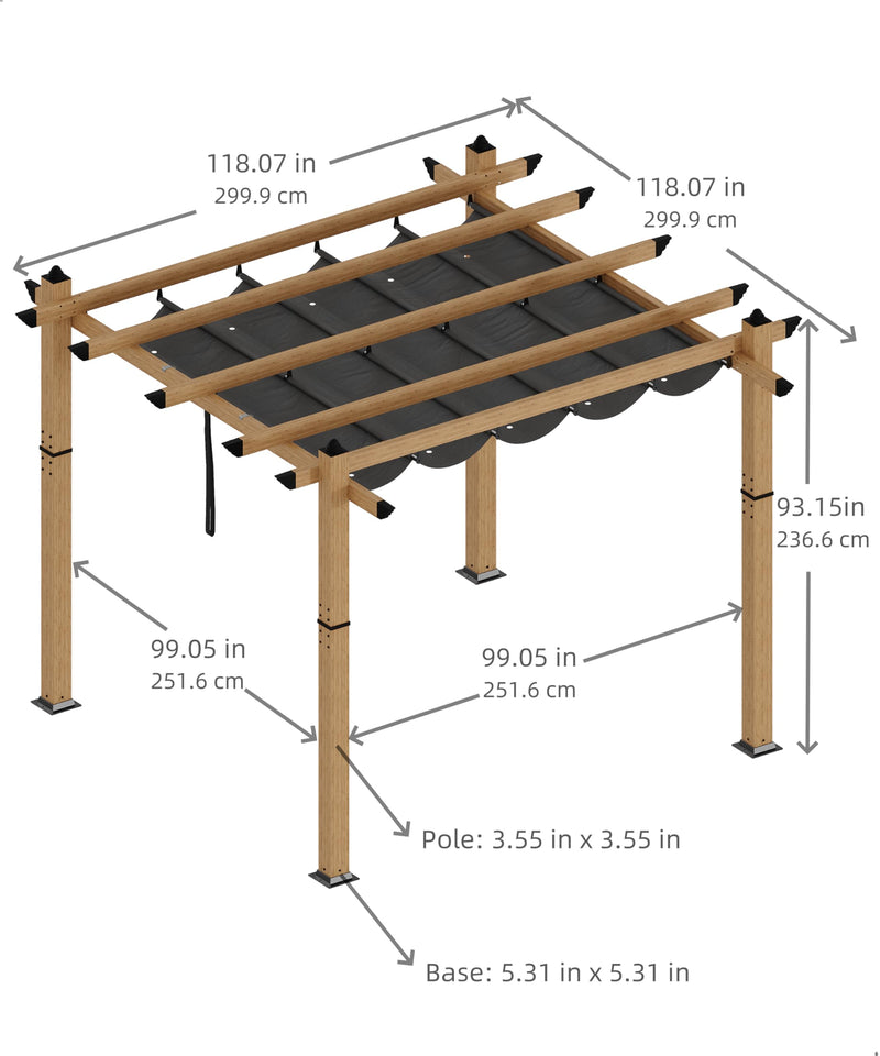 GarveeLife 10 x 10 Ft Wood-Grain Aluminum Pergola Outdoor Pergola with Retractable Canopy Sun Shade Shelter for Garden, Patio, Backyard, Deck - Gray
