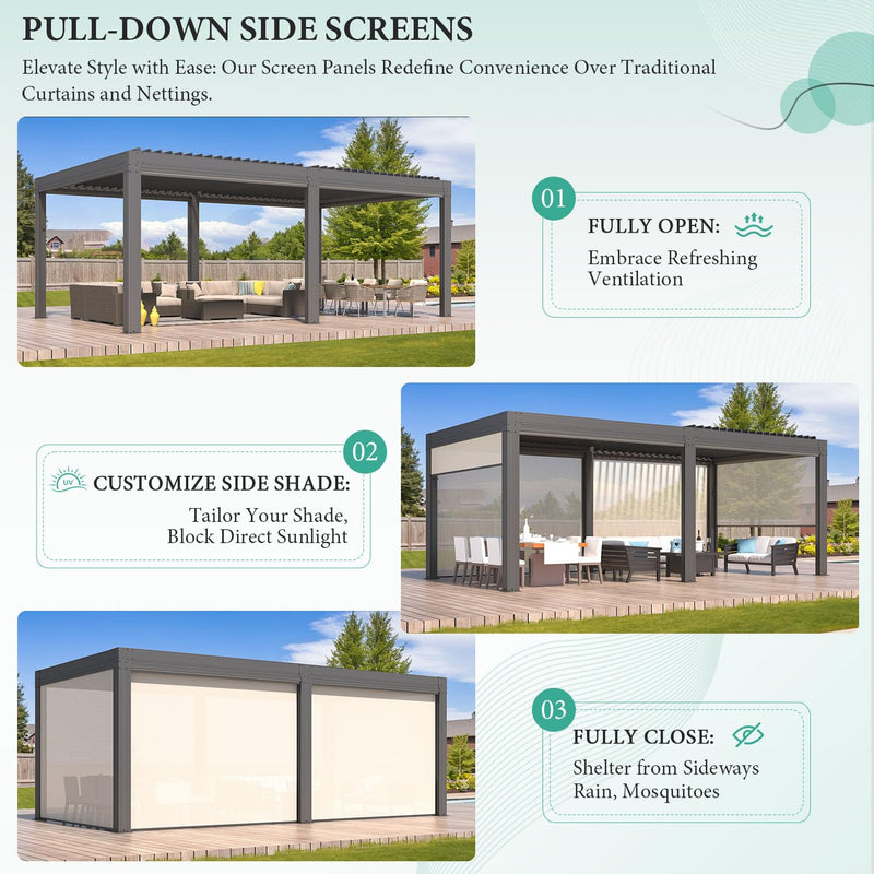 YOLENY Louvered Pergola and 6 Pull-Down Screens, 10x20FT All Aluminum Pergola with Adjustable Rainproof Roof, Outdoor Sun Shade Shelter for Patio, Weatherproof, Dark Gray