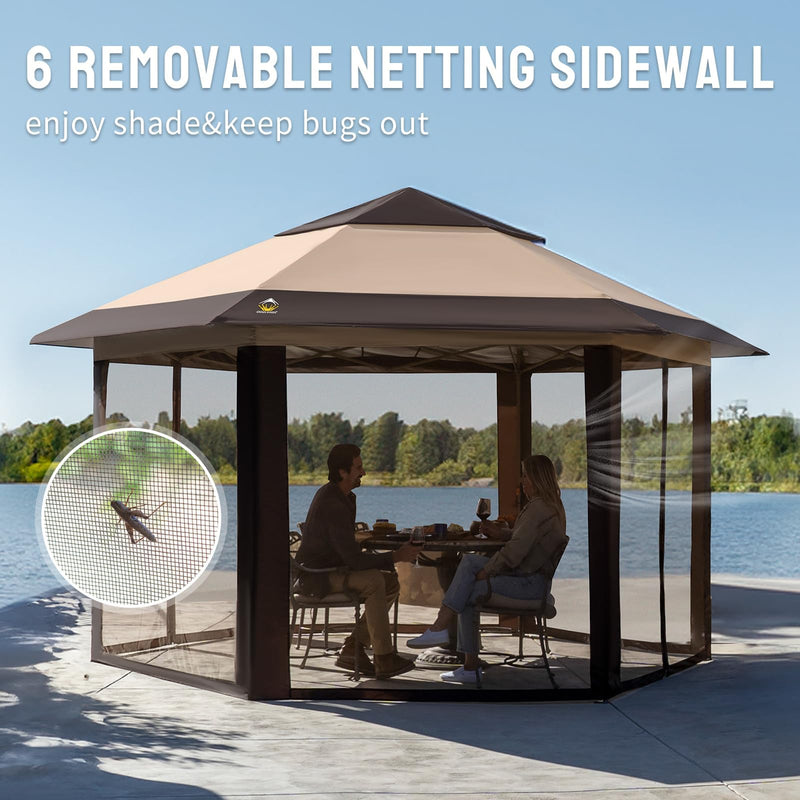 CROWN SHADES 12x12 Pop up Gazebo with Mosquito Nettings, Patented Center Lock 6-Sided Portable Gazebo, 300D Silver-Coated Fabric UV Resistant, Pop Up Canopy Tent for Patio, Party, Beige&Coffee