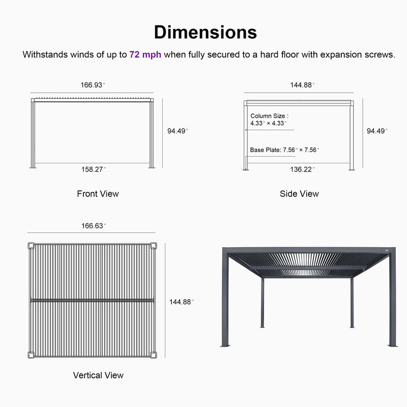PURPLE LEAF Louvered Pergola 94AS 12' x 14' Outdoor Aluminum Pergola with Fixed Shutter Wall Adjustable Roof for Deck Backyard Grey Hardtop Gazebo, 1 Long Side