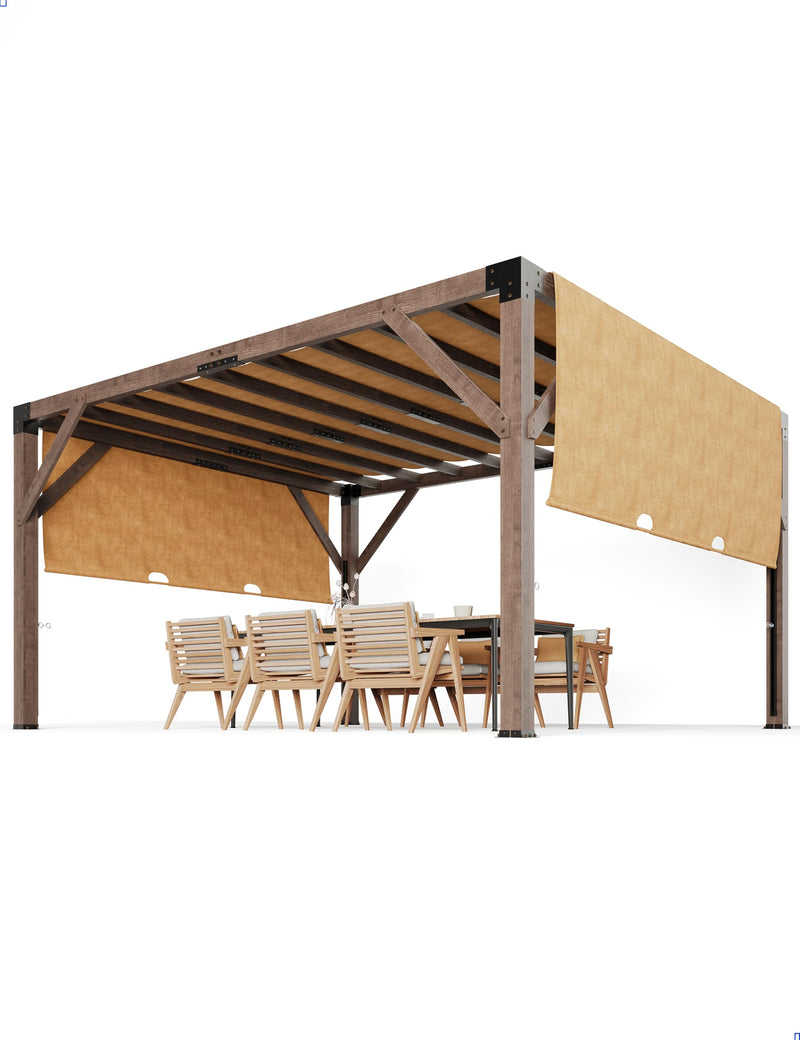 KYBOLT 12 X 14 Ft Wood Pergola with Retractable Sunshade Canopy, Solid Structure, Outdoor Pergola for Backyard, Deck, Garden (Reddish-Brown)