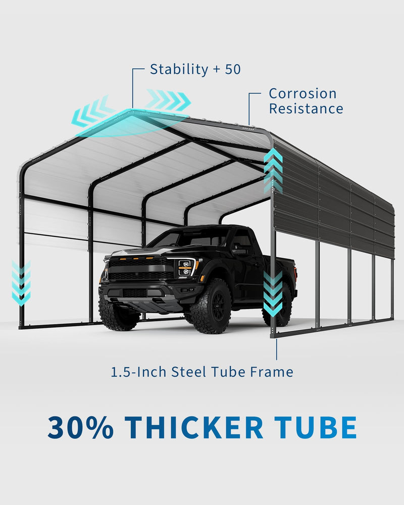 KOKEBREN Metal Carport, Outdoor Car Port Canopy with Reinforced Base and Galvanized Steel Roof, Heavy Duty Garage Car Shelter Shade for SUV, Truck, Boats, 13x20 FT