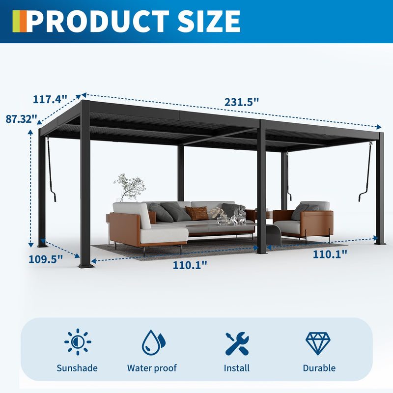 Pergola With Independent Adjustable Rainproof Roof, Louvered Pergola 10x20 for Deck Garden Backyard, Outdoor Aluminum Pergolas With Adjustable Top