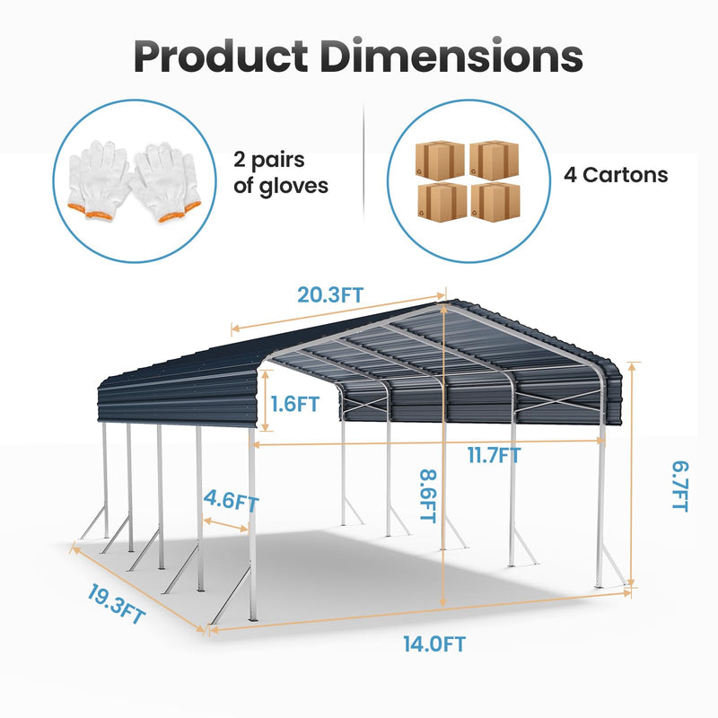 12x20ft Heavy Duty Metal Carport – Outdoor Galvanized Garage, Sturdy Structure, All-Weather Protection, Easy Assembly for Cars, Trucks, Boats, Tractors, and Outdoor Storage (Grey, 12x20FT)