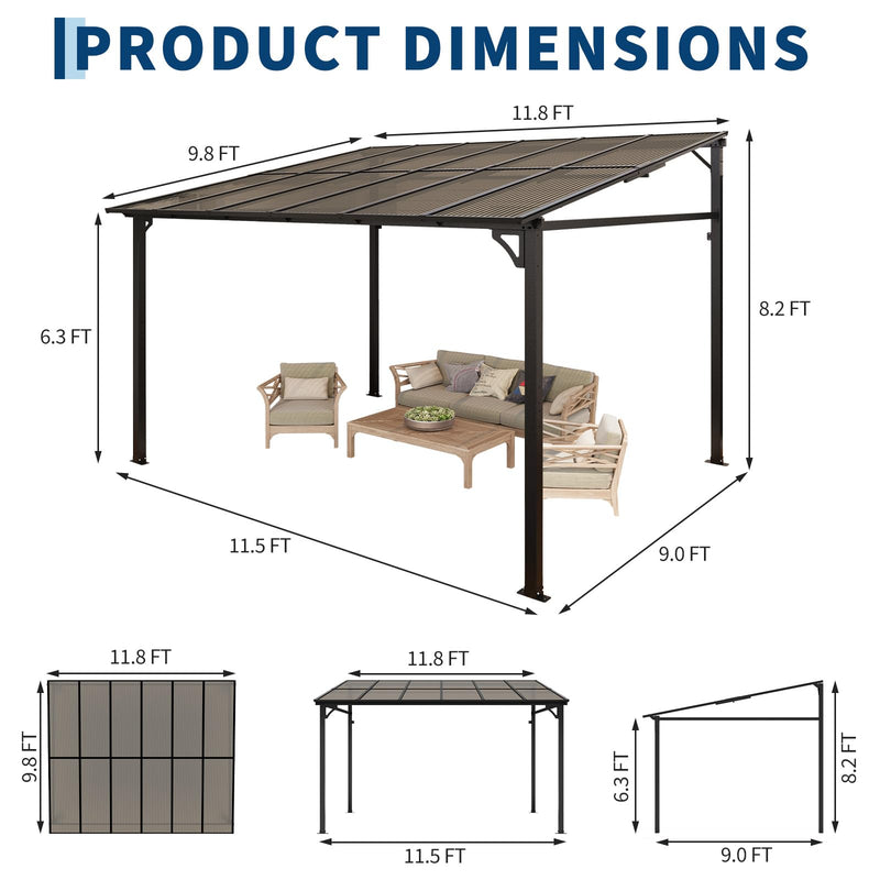 Garvee 10x12 Ft Outdoor Lean to Gazebo, Wall Mounted Patio Hardtop Gazebo Pergola with Polycarbonate Roof, Upgraded Steel Frame Hardtop Pavilion for Patio, Garden, Lawn, Deck