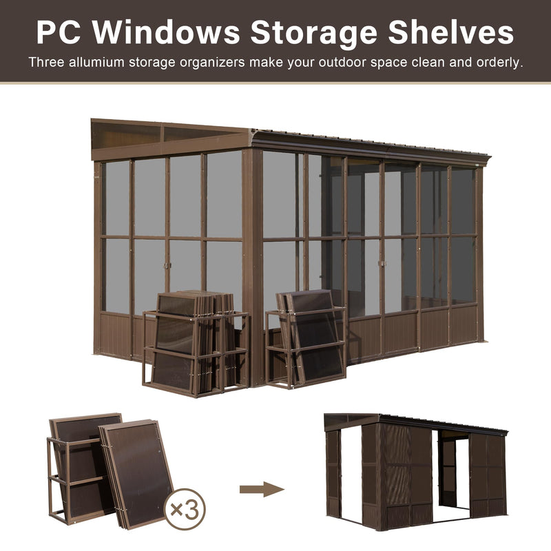 Domi 8x12FT Sun Room, Wall Mounted Gazebo Solarium with Galvanized Steel Sloping Roof, Moveable PC Screen, Front Door & 2 Side Entrance, Outdoor Aluminum Lean-to Sunroom for Patio Deck