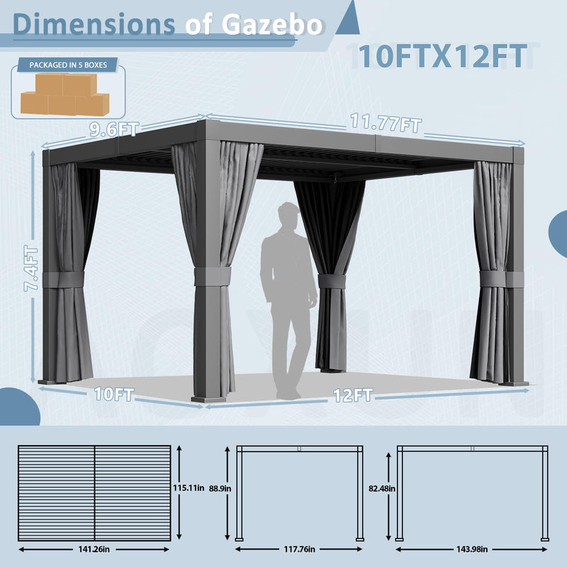 Aoxun Louvered Pergola 10 x 12ft Outdoor Aluminum Pergola with Adjustable Roof for Gardens, Decks and Backyards, Gray