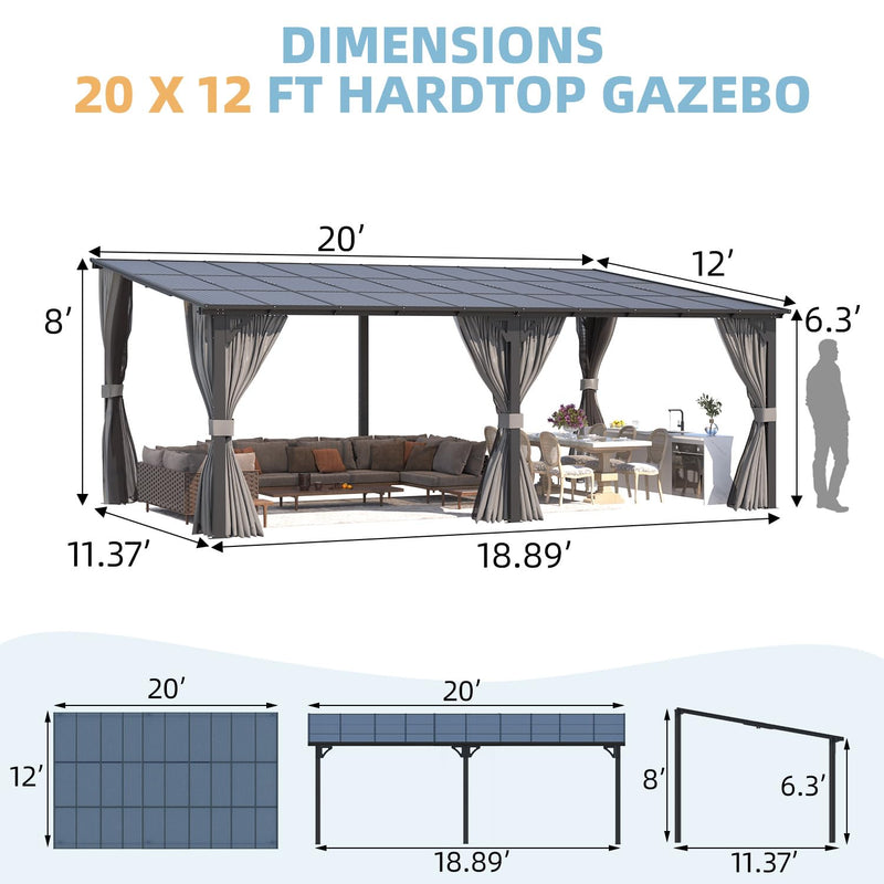 AECOJOY 20' X 12' Gazebo for Patio, Large Wall-Mounted Lean to Pergola Gazebo with Curtains and Netting, 12x20 Hard Top Pergolas and Gazebos on Clearance for Lawn Backyard Garden Deck