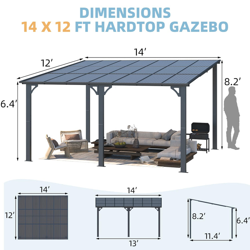 AECOJOY 14' x 12' Gazebo Outdoor Pergola for Patio, Large Wall-Mounted Hard Top 12x14 Lean to Metal Gazebo Shelter Pergolas and Gazebos Clearance with Patio Roof, Heavy Duty Awnings for Patio, Decks