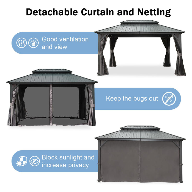 Domi 10x14FT Hardtop Gazebos, Aluminum Metal Gazebo with Galvanized Steel Double Roof Canopy, Curtain and Netting, Permanent Gazebo Pavilion for Patio, Backyard, Deck and Lawn, Grey