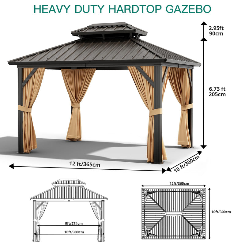 GarveeLife 10x12ft Double Roof Hardtop Gazebo, Heavy Duty Galvanised Steel Hardtop Pavilion with Nettings and Curtains, Metal Roof Gazebo for Patio, Terrace, Lawn and Deck, Brown