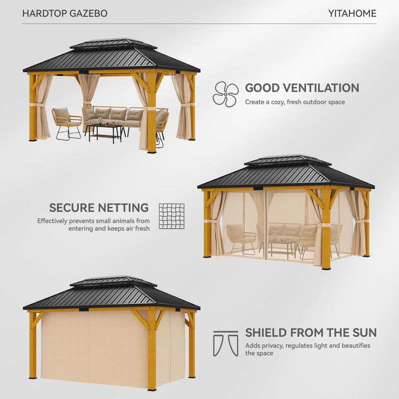 YITAHOME 13x15ft Wood Gazebo Outdoor Wooden Frame Double Roof Hardtop Galvanized Steel Top Canopy w/Curtain and Netting, Patio Heavy Duty Gazebo for Deck, Backyard, Golden
