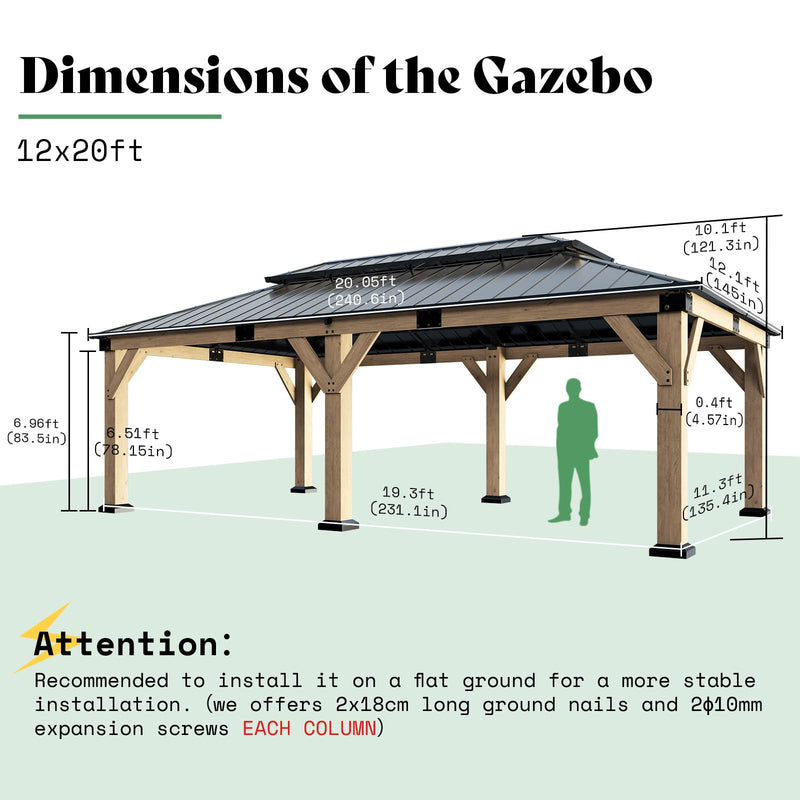 AMERLIFE 12x20 ft Hardtop Gazebo, Spruce Wood Gazebo with Iron Double Roof, Outdoor Pergola with Wood Frame for Garden, Porch, Patio, Charcoal Gray + Brown Gray