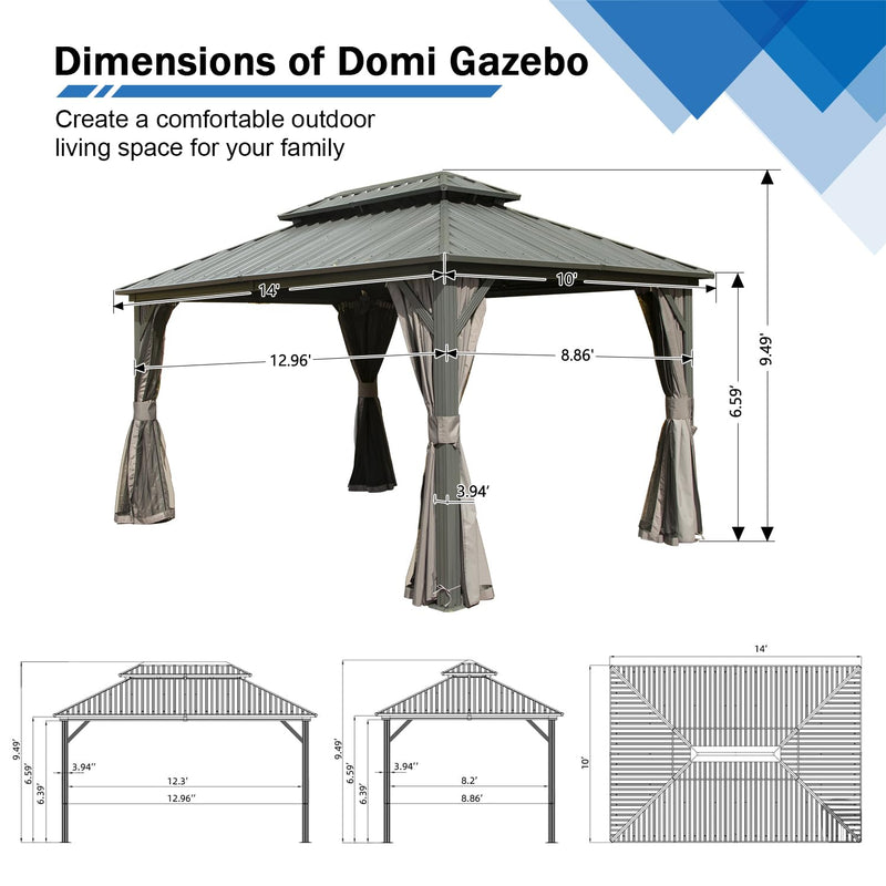 Domi 10x14FT Hardtop Gazebos, Aluminum Metal Gazebo with Galvanized Steel Double Roof Canopy, Curtain and Netting, Permanent Gazebo Pavilion for Patio, Backyard, Deck and Lawn, Grey