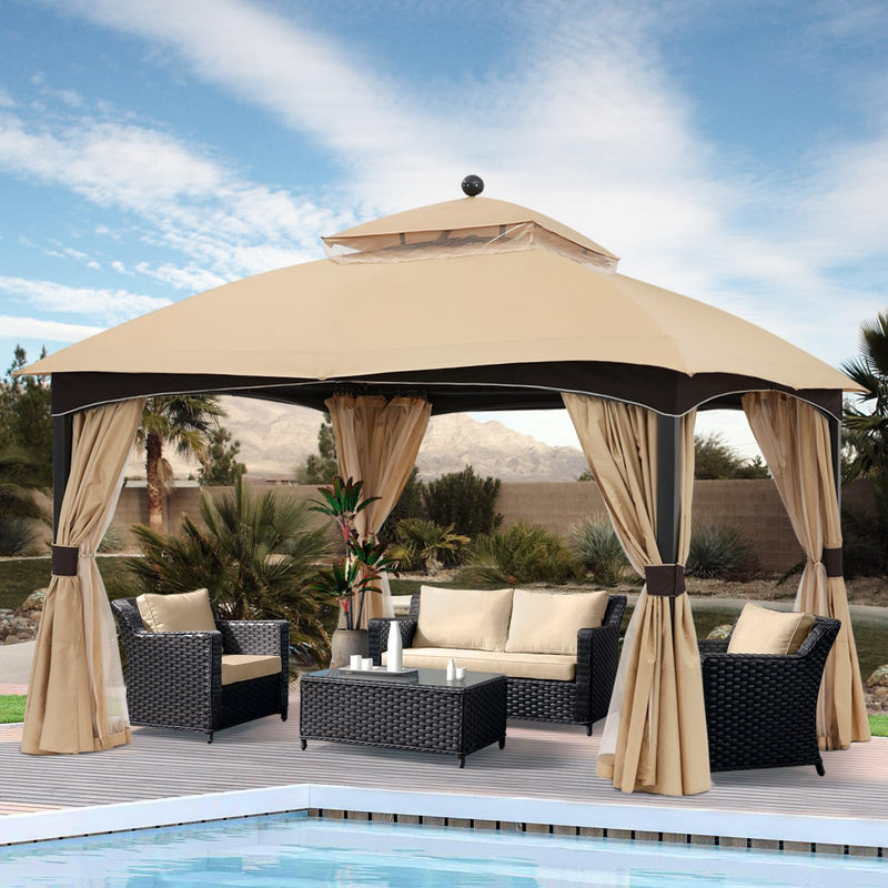 ABCCANOPY Outdoor Gazebo 11x13 with Netting - Double Roof Patio Gazebos for Backyard Garden Deck Lawn, Beige