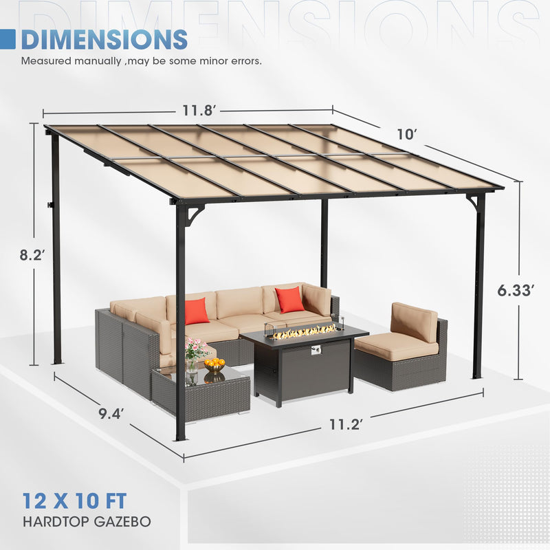 Inbruce Wall Gazebo 10’ x 12’with Dewatering Hole, Large Hard Top Gazebos Pergola with Sloped Roof, Outdoor Gazebo Canopy Awnings for Deck, Backyard, Garden and Porch
