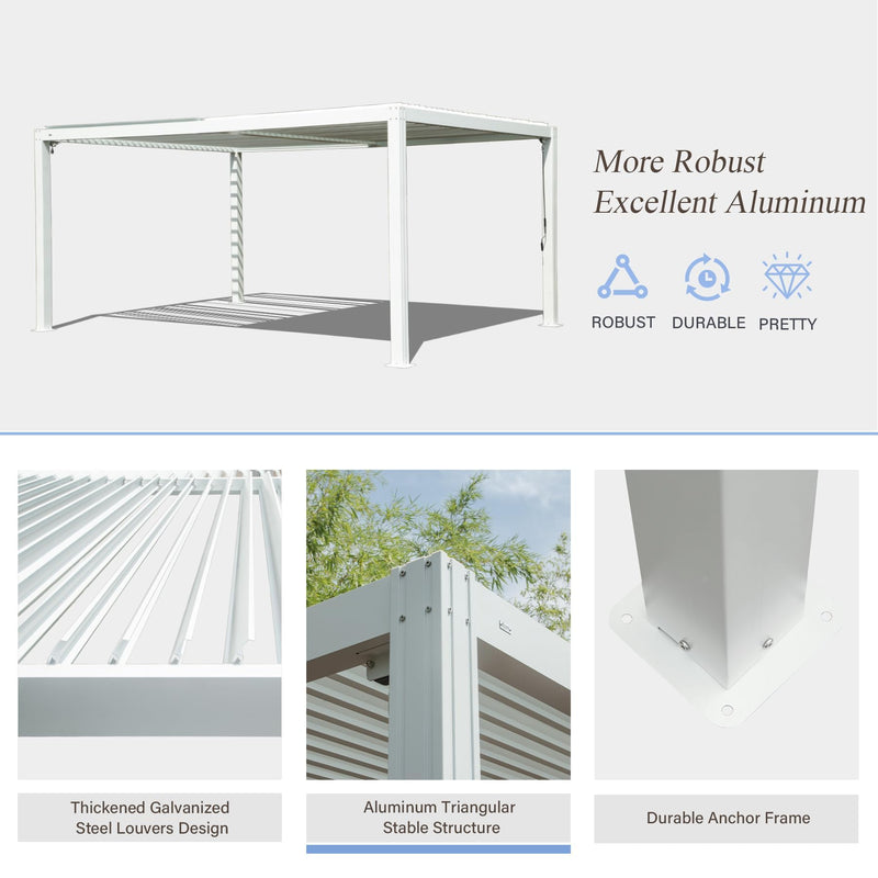 Domi Outdoor Louvered Pergola 10x16FT with Adjustable Steel Roof, Outdoor Aluminum Structure Rainproof Pergola for Backyard, Garden and Lawn,White
