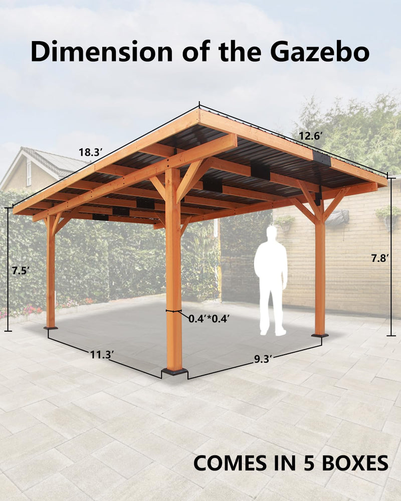 Beneouya 18.3 x 12.6 x 7.8 FT Carport, Wood Outdoor Gazebo Pavilion with Hardtop Sloped Steel Roof, Heavy Duty Waterproof Car Port for Backyard, Patio, Deck and Lawn