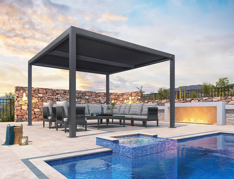 PURPLE LEAF Louvered Pergola 94AS 12' x 12' Outdoor Aluminum Pergola with Adjustable Roof for Deck Backyard Garden Grey Hardtop Gazebo