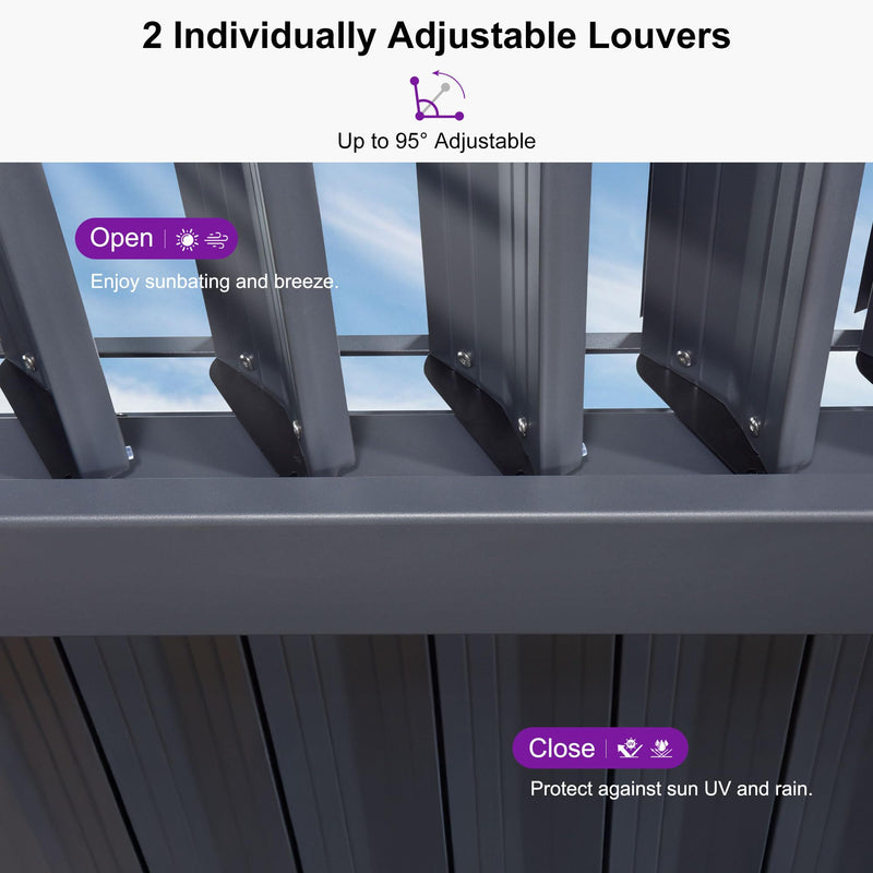 PURPLE LEAF Louvered Pergola 12' x 16' Outdoor Aluminum Modern Gray Pergola with Privacy Curtains and Mesh Netting Adjustable Louvered Roof Durable All-Weather Gazebo