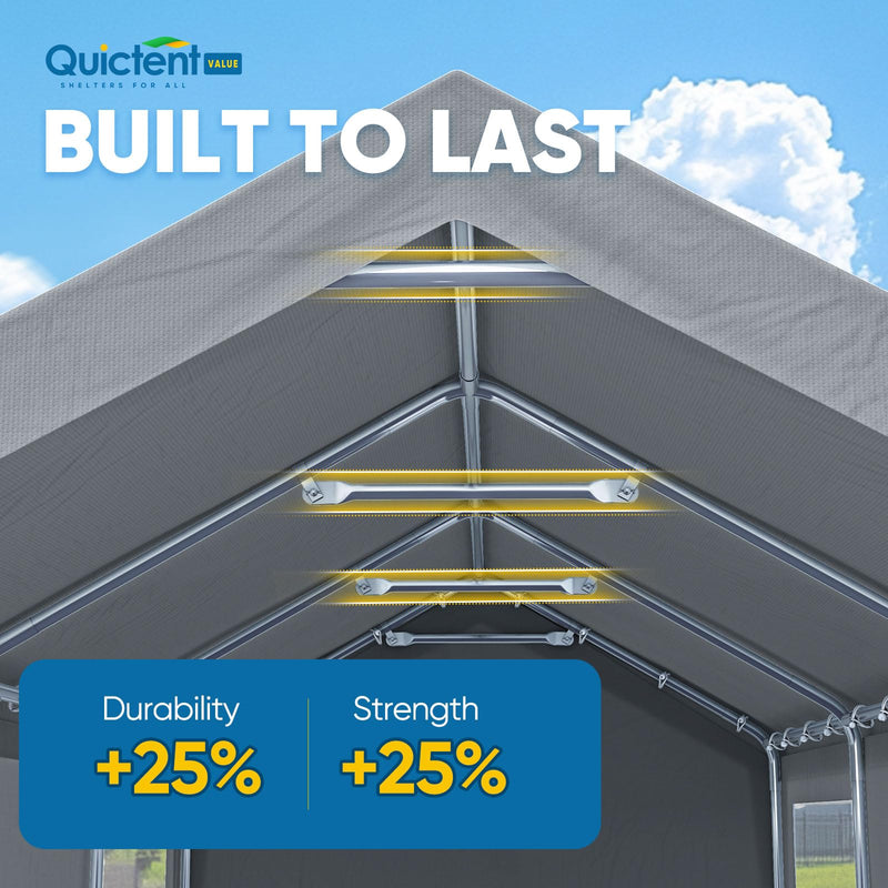 Quictent 12x20 ft Heavy Duty Carport Canopy Galvanized Car Tent Outdoor Garage Boat Shelter with Reinforced Structure with Roll-up Ventilated Windows Sidewall - Gray