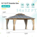 MELLCOM 12x14FT Hardtop Gazebo,Wooden Finish Coated Aluminum Patio Gazebo with Aluminum Composite Double Roof for Patio Lawn and Garden, Curtains and Netting Included