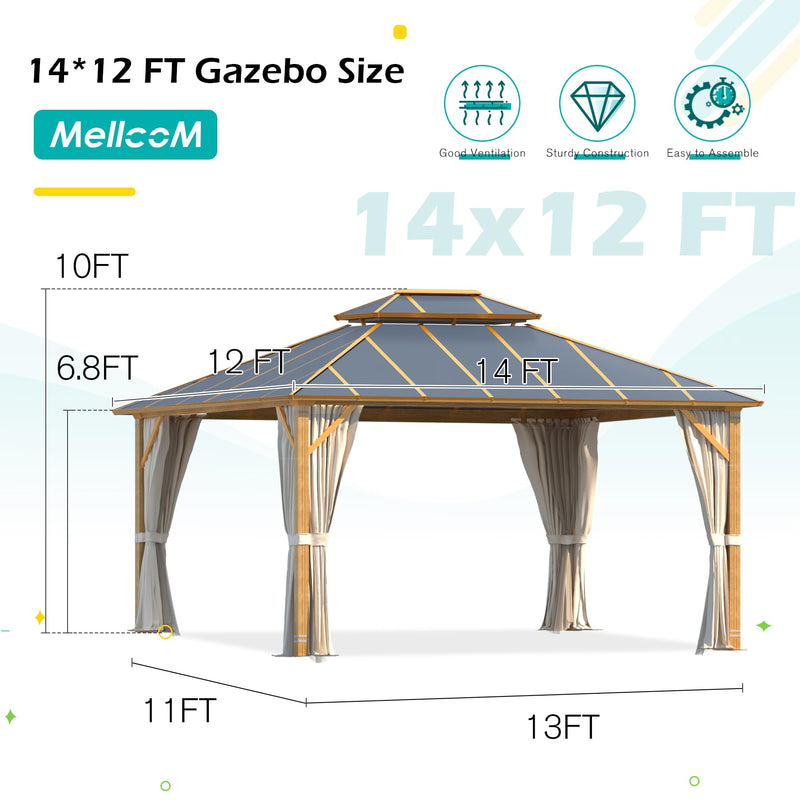 MELLCOM 12x14FT Hardtop Gazebo,Wooden Finish Coated Aluminum Patio Gazebo with Aluminum Composite Double Roof for Patio Lawn and Garden, Curtains and Netting Included