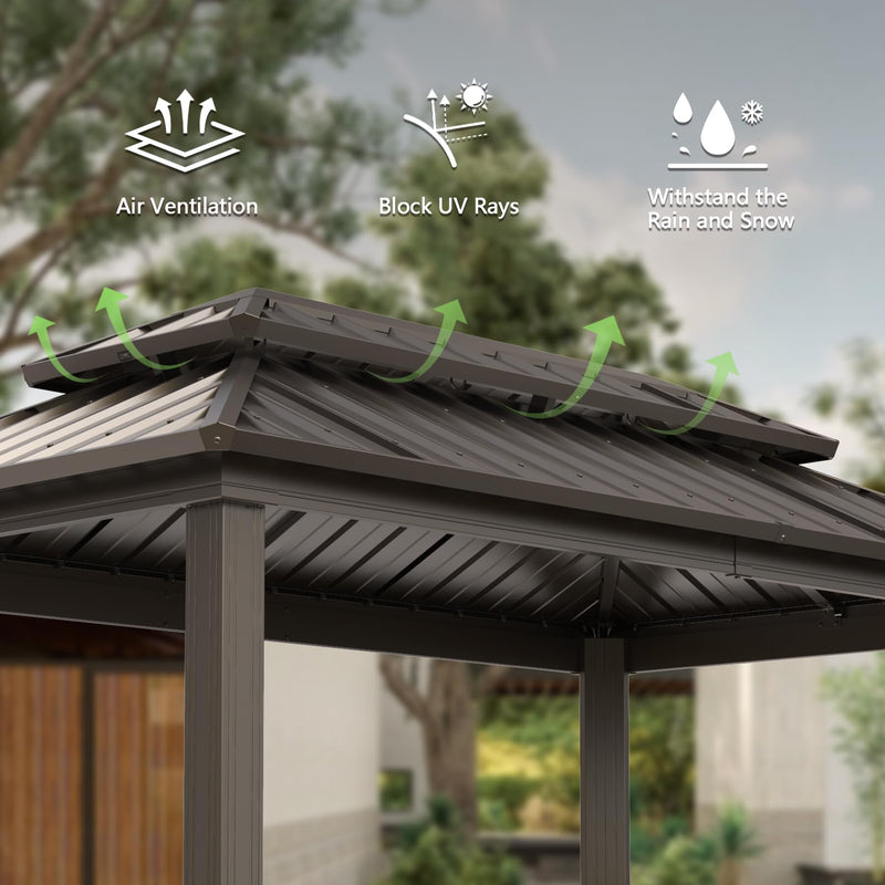 Domi 6x10FT Hardtop Grill Gazebo, BBQ Gazebo with Double Galvanized Steel Roof, 2 Storage Cabinets and Ceiling Hooks, Outdoor Grill Shelter for Backyard, Lawn and Garden(Brown)