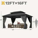 DWVO 12x16ft Gazebo Double Roof Hardtop with Nettings and Curtains, Heavy Duty Galvanized Steel Outdoor Vertical Stripes Roof for Patio, Backyard, Deck, Lawns, Grey